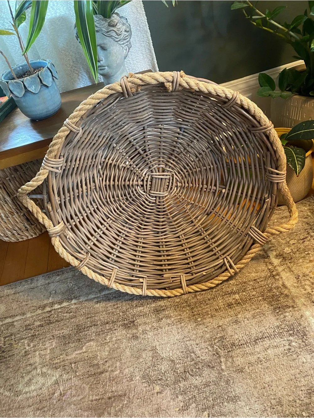 HUGE Vintage Gray Wash Round Wicker Basket Rope Handles Farmhouse Coastal Decor